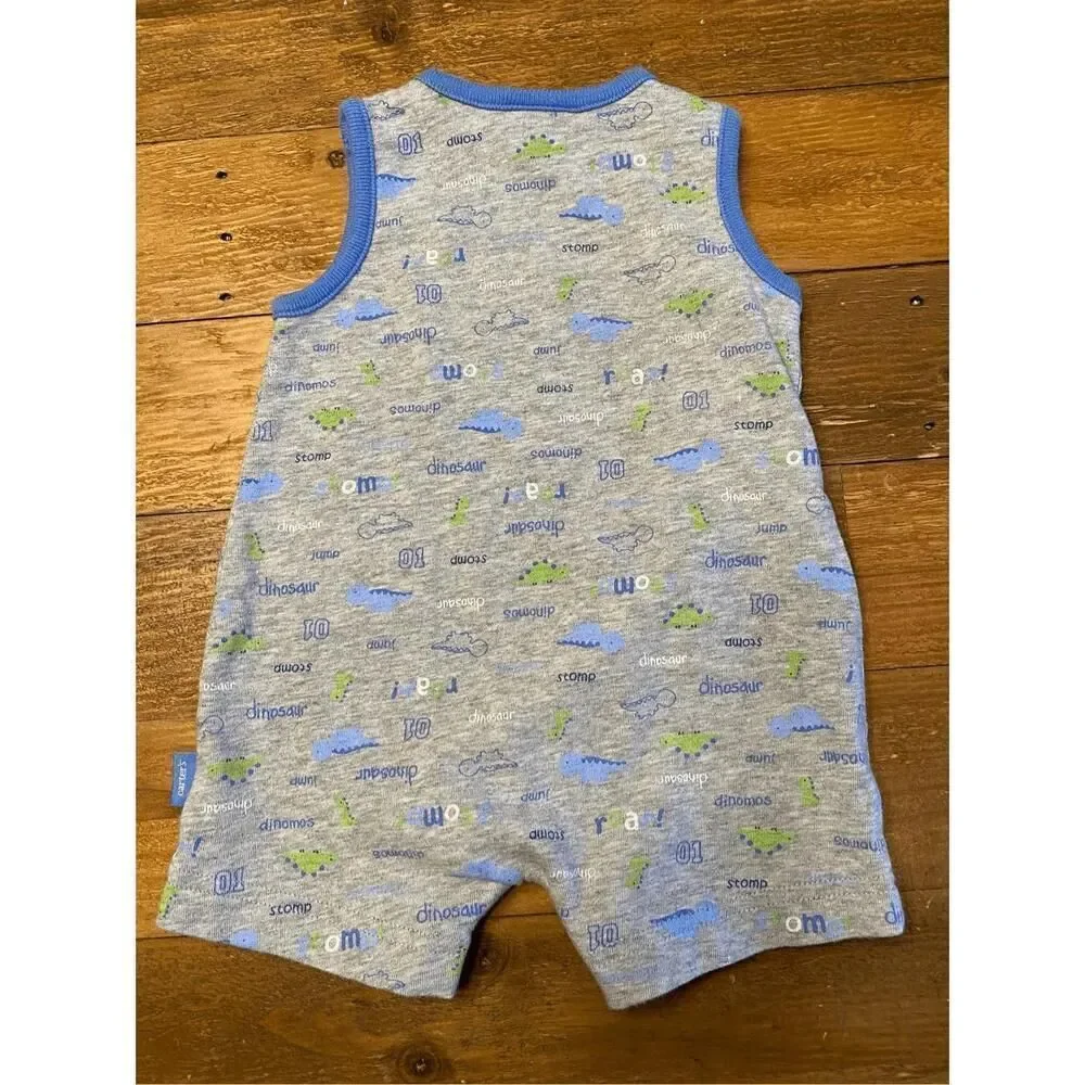 Carters 0-3 month vintage grey blue dinosaur outfit one piece romper boys baby